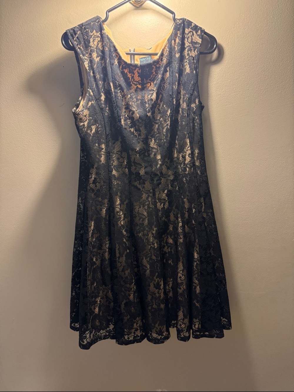 Gabby Skye Black Lace Overlay Dress with Tan Lining